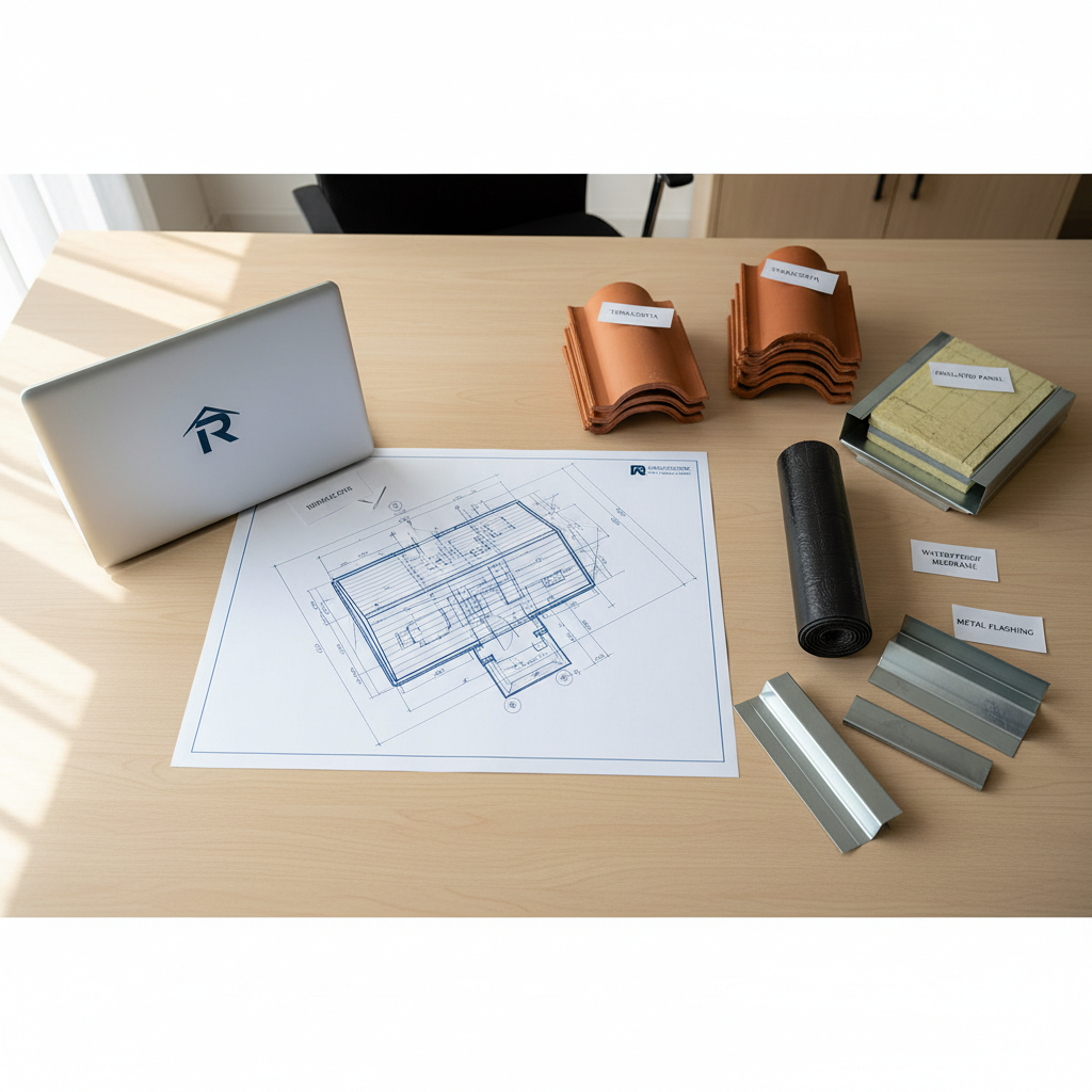 A clean, minimalist workspace tabletop inside a roofing company office in Brescia, featuring a detailed architectural roof plan spread out on a smooth light-wood desk. Beside it lie neatly arranged roofing material samples: terracotta tiles, insulated panel cutouts, waterproof membranes, and metal flashing pieces, each labeled with subtle printed tags. A closed laptop with a simple company logo on the lid rests nearby. Soft daylight filters through an unseen window, creating gentle, professional shadows. The composition is shot from a slightly elevated top-down angle with photographic realism, evoking clarity, organization, and trust, perfect to visually represent free inspections and detailed roofing quotes.