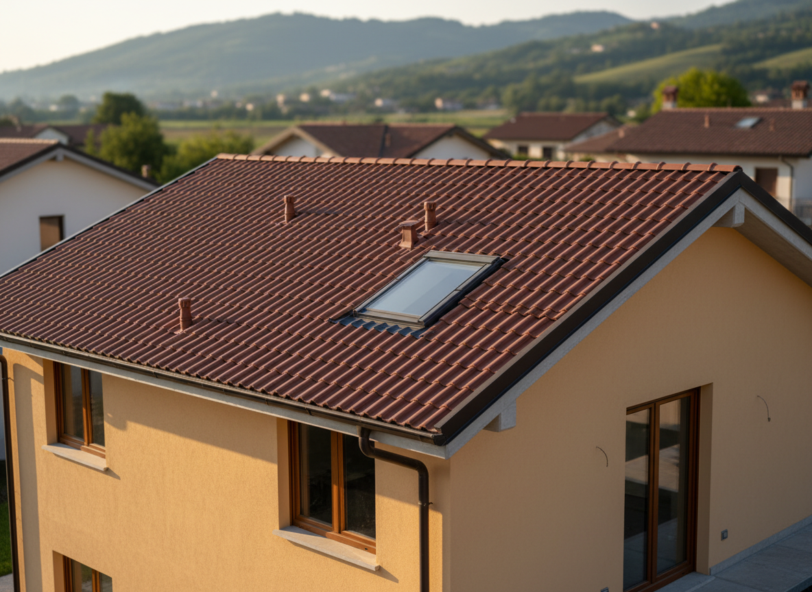 A meticulously restored pitched roof of a modern Italian family house in Brescia, covered with fresh, deep-red clay tiles with a subtle matte finish, each row perfectly aligned. The ridge and flashing elements are clearly visible, with clean metal edges and neatly sealed joints. The house sits in a quiet residential neighborhood with distant Lombardy hills softly blurred in the background. Captured in photographic realism from a slightly elevated angle, in warm late-afternoon natural light that accentuates the tile texture and casts gentle, reassuring shadows. The composition uses the rule of thirds, with sharp focus on the roof and a calm, professional atmosphere, ideal for a roofing company homepage hero image.