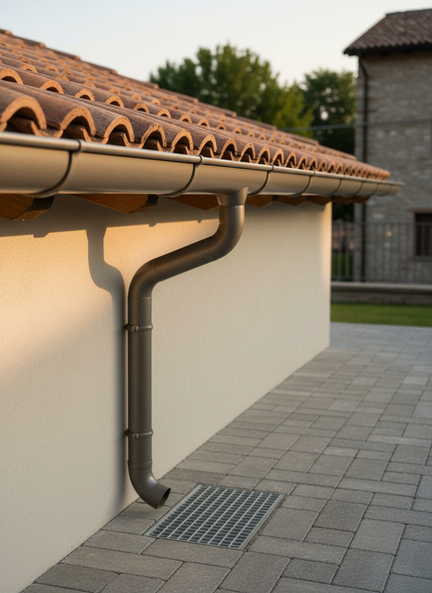 A carefully staged close-up of a roof gutter and downspout system on a freshly renovated house facade in Brescia. The gutter is made of painted sheet metal in a warm gray tone, perfectly straight with smooth joints and secure brackets. Rainwater drainage grilles are visible near the base, integrated into neat paving stones. The wall beneath the eave is spotless, indicating effective water management. Captured at eye level in soft late-afternoon light, with the roof edge and first rows of tiles visible above, the background subtly blurred. Photographic realism, creating a calm, trustworthy mood and emphasizing the importance of proper drainage in roof repair projects.