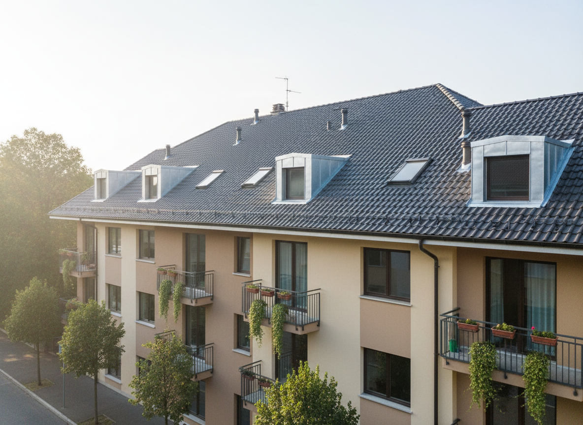 A multi-story condominium building with a newly redone pitched roof, combining dark anthracite tiles and precise zinc-titanium flashing around chimneys and ventilation outlets. Snow guards and safety hooks are neatly aligned along the lower section of the roof, suggesting readiness for all seasons. The facade below is painted in warm neutral tones, with balconies and windows providing geometric rhythm. Shot from street level with a slightly upward angle in bright but soft morning light, the roof occupies the upper two-thirds of the frame. Photographic realism with a balanced, professional mood, ideal to represent roofing services for condomini and residential complexes in Brescia and province.
