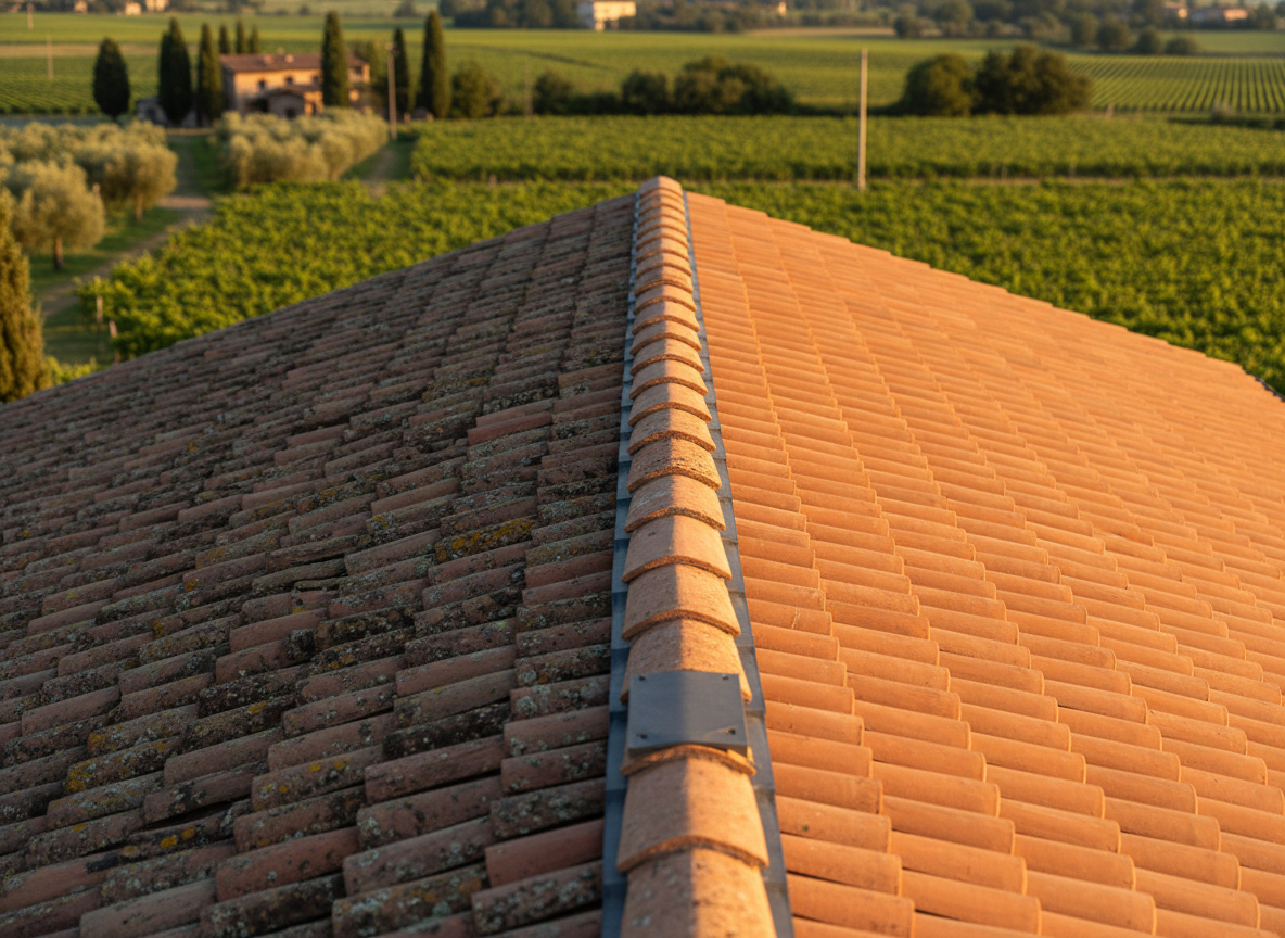 A partially renovated roof on a traditional Italian farmhouse in the Brescia countryside, showing a clear comparison between old and new: weathered, mossy tiles on one side and pristine, newly laid terracotta tiles on the other. A neat line of under-tile ventilation elements and modern ridge caps defines the separation. The surrounding landscape features vineyards and fields, slightly blurred to keep focus on the roof. Captured in warm golden hour light, textures of both old and new materials are strongly emphasized, creating a sense of transformation and improvement. Photographic realism, composed from a slightly elevated side view, reinforcing the before-and-after impact of professional roof refurbishment.