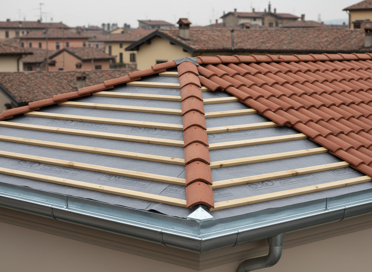 A detailed close-up of a house roof intersection showing new waterproofing layers: overlapping breathable membranes, perfectly straight wooden battens, and newly installed terracotta tiles with crisp edges. A metal gutter system runs along the eave, its galvanized surface clean and reflective, with downspout elements precisely aligned. The setting is an orderly construction site in Brescia, surrounding rooftops subtly out of focus. Soft overcast daylight creates even, neutral illumination with minimal shadows, emphasizing technical clarity and material quality. Photographic realism, shot at eye level with shallow depth of field, conveys precision, reliability, and professional craftsmanship, ideal to explain the technical aspects of roof refurbishment and water infiltration prevention.