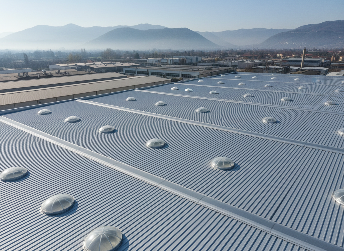 An expansive industrial warehouse roof in a Brescia business district, newly refurbished with light gray insulated metal panels laid in flawless parallel lines. Skylight domes punctuate the surface at regular intervals, their translucent material catching the sunlight. In the distance, other factory roofs and low mountains are slightly softened by atmospheric haze. Captured from a high, slightly oblique aerial perspective in clear midday light, the image has sharp focus throughout, highlighting surface uniformity and drainage slopes. The mood is efficient and authoritative, with a clean, modern photographic style that showcases large-scale roofing solutions for capannoni and industrial clients.